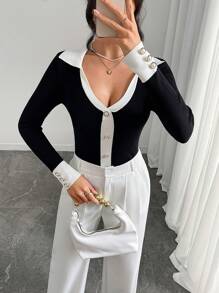 Chiquease Women's Plain Color Splice Front Button Long Sleeve Minimalist Casual Pullover Sweater Knit Pullover Fall Winter Outfit