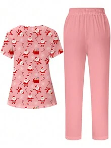 PopScrub 圣诞节可爱卡通圣诞老人V领短袖口袋挂耳下摆护士制服手术服套装白胡子圣诞老人卡通主题护理制服上衣，圣诞女装 - 粉色 - 查看 2