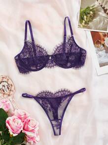 SHEIN 女士纯色蕾丝性感内衣套装紫色内衣性感内衣套装外出