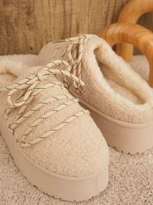 SHUZIA 女士可爱日常羊羔绒毛系带米色平底纯色鞋底凉鞋圣诞假期秋冬季度假氛围 - 卡其色 - 查看 5