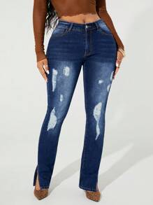 SHEIN SXY Pantalon en jean skinny fendu avec déchirures, style urbain pour femmes - Jean brut - Voir 5