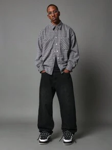 SUMWON Classic Wool Blend Checkered Shacket Oversized Button Down Shirt Jacket Work Wear Utility Patch Pockets Casual Winter Fall Layering Outerwear - Grey - View 4