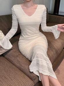 DAZY V-Neck Lace Mermaid Midi Dress For Women,Ruffle,Fall Clothes Long Sleeve Dress