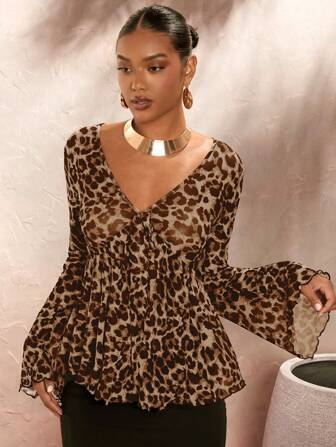 Opulessa Women's Fitted Deep V-Neck Flare Sleeve Leopard Print Knitted Mesh Vacation Top Long Sleeves Woman,Sexy,Party