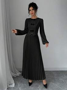 Elenzga Women Solid Color Round Neck Long Sleeve Top & Pleated Hem Skirt 2 Pieces Set, Elegant