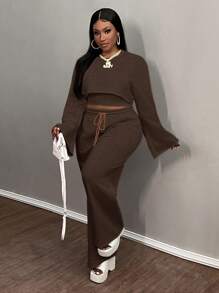 Slaydiva Bộ 3 món/2024 Bộ đồ vest dài tay màu trơn đơn giản, giản dị, quần ống rộng rộng rãi cỡ lớn - màu nâu - Xem 4