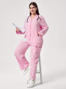 TaskEZ Plus Size Plain Long Sleeve Pocket Simple Top And Pants Uniform Set Scrub Set