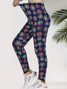 Quần legging thể thao thường ngày thời trang Giáng sinh cho nữ, vải nỉ co giãn cao màu xanh navy họa tiết bông tuyết, mềm mại & thoải mái, thích hợp cho tập thể dục, chạy bộ, yoga - Màu xanh hải quân - Xem 5