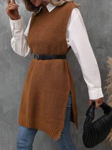 EMERY ROSE Solid Slit Hem Sweater Vest Without Belt & Blouse - Brown - View 6