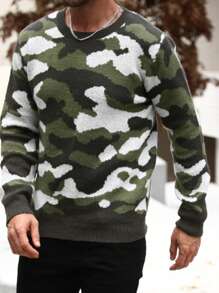 Manfinity Homme Jersey de cuello redondo casual con patrón de camuflaje de bloques de color para hombres, otoño/invierno