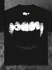 SHEIN Camiseta de manga corta con cuello redondo y estampado de colmillos minimalista y fresco, apropiada para el verano, para niños preadolescentes
