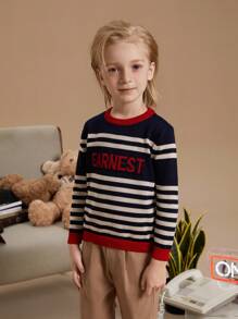 PrepCrw 年轻男孩字母条纹图案圆领宽松休闲长袖毛衣，秋冬 - 彩色 - 查看 1