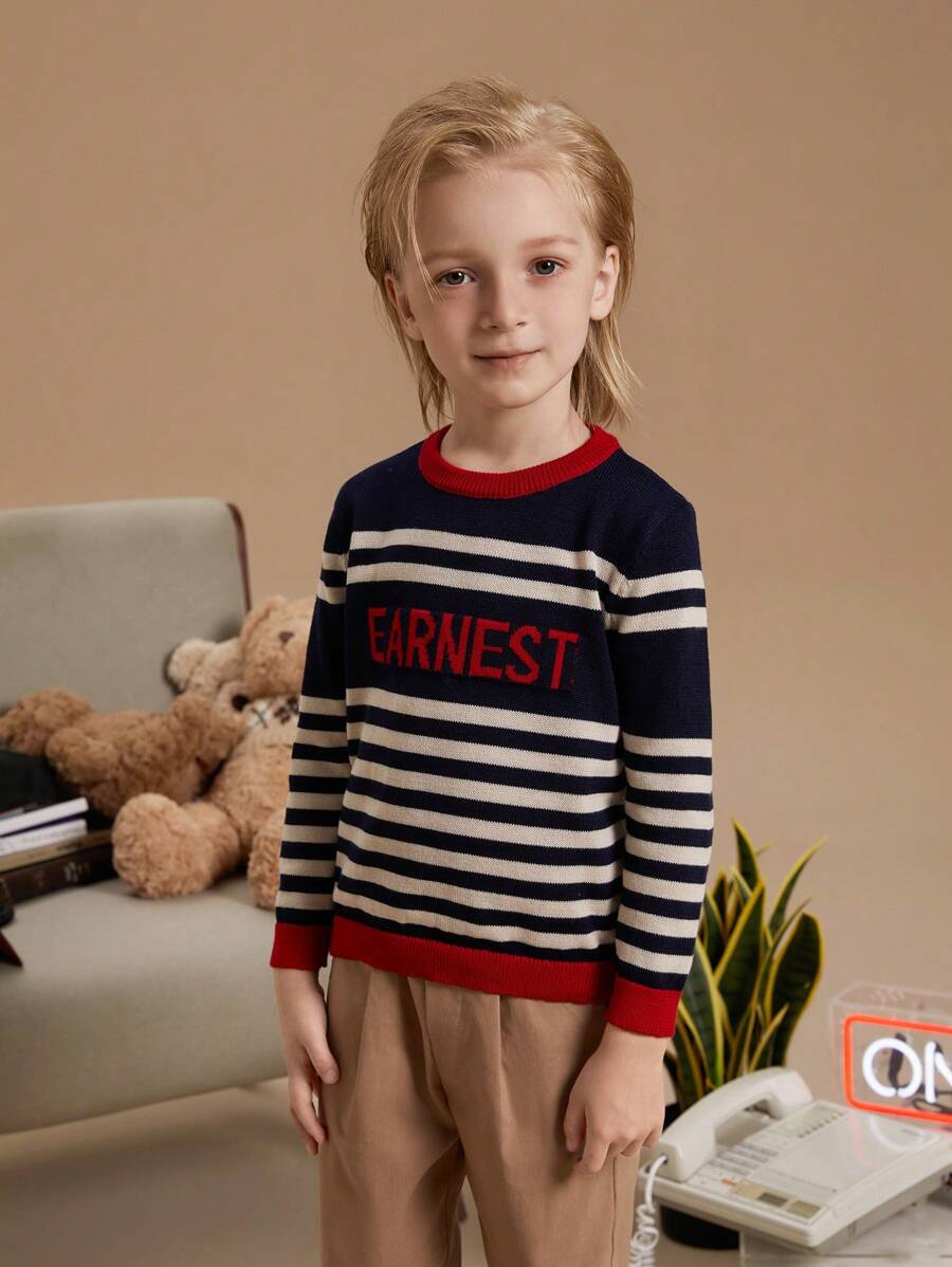 PrepCrw 年轻男孩字母条纹图案圆领宽松休闲长袖毛衣，秋冬 - 彩色 - 查看 1