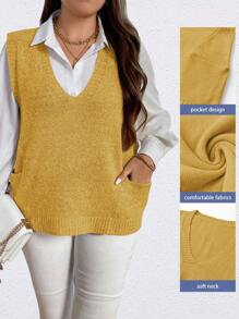 SHEIN Unity Plus Size Solid Color V-Neck Sleeveless Sweater Vest With Pockets, Casual, For Winter - Yellow - View 1