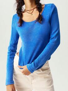 Bohemela Solid Color Round Neck Cutout Back Slim Fit Long Sleeve Casual Knit Tops For Women - Royal Blue - View 5