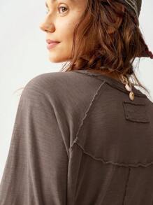 Bohemela Solid Color Knit Round Neck Raglan Sleeve Long Loose Casual T-Shirt For Women, Suitable For Holiday