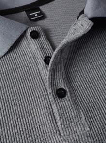 Manfinity Homme Men's Casual Solid Color Ribbed Long Sleeve Polo Shirt For Spring/Autumn - Grey - View 7