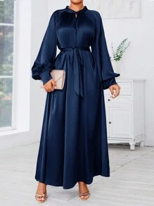 SHEIN Lady 大码女士优雅紫色通勤连衣裙，秋季长款正式晚礼服秋季女士服装秋季连衣裙外出服装舞会礼服演唱会女士服装 - 藏蓝色 - 查看 4