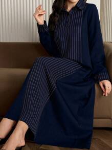 Al Najma 女式条纹长袖 Polo 领休闲宽松阿拉伯连衣裙，休闲朴素 A 字形全长阿拉伯连衣裙，适合休闲日常/家居服 - 藍色 - 查看 4