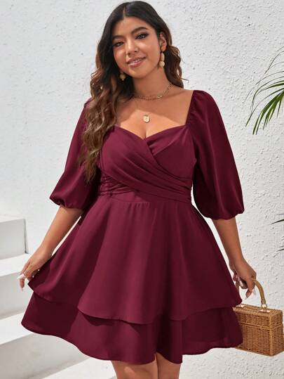 SHEIN VCAY 大码假日休闲纯色松紧腰灯笼袖连衣裙