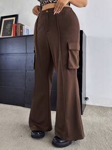 SHEIN Unity High Waisted Slim Fit Flare Leg Cargo Pants With Pockets, Fashionable Plus Size Casual Trousers, Autumn New Arrival Fall Cloth For Women - Coffee Brown - View 4