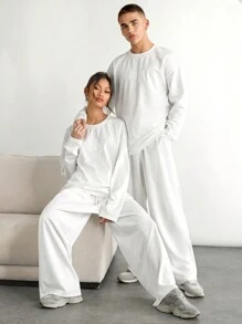 Manfinity VCAY Unisex Letter Embroidered Loose Drop Shoulder Long Sleeve T-Shirt And High Waist Drawstring Wide Leg Pants Set - White - View 2