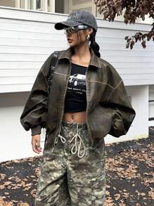 Muchica 女式前拉链长袖简约休闲复古做旧水洗 PU 秋冬夹克