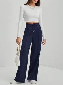 SHEIN Tall Quần dài ống rộng cạp rút dây chắc chắn - Màu xanh hải quân - Xem 7