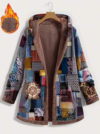 SHEIN CURVE+ Plus Size Christmas Hooded Fleece Jacket, Autumn/Winter