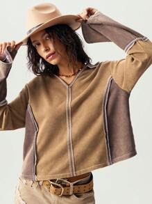 Bohemela Vrouwen effen kleur patchwork lange mouwen rits voorkant casual T-shirt