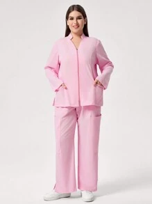 TaskEZ Plus Size Plain Long Sleeve Pocket Simple Top And Pants Uniform Set Scrub Set