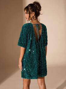 SHEIN BAE Women's Sequin Backless Straight A-Line Loose Casual Minimalist Party Short Dress, Versatile