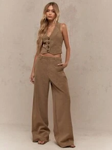 MISSGUIDED Suede Finish Tailored Wide Leg Pants Office Wear - Brown - View 5