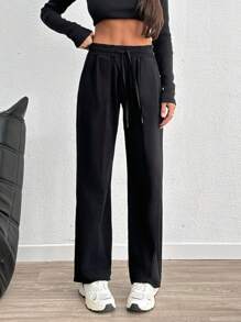 RueChic High Waist Elastic Belt Straight Cut - Black - View 5