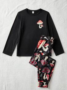 Conjunto informal de pijama con camiseta de manga larga de cuello redondo y pantalones con estampado de setas para niño preadolescente
