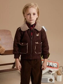 PrepCrw 男童秋冬学院风棕色羊毛刺绣拉链领夹克