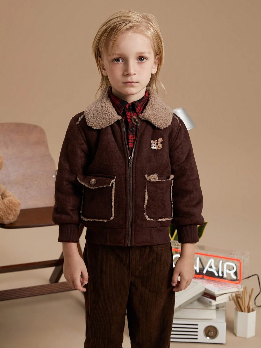 PrepCrw 男童秋冬学院风棕色羊毛刺绣拉链领夹克