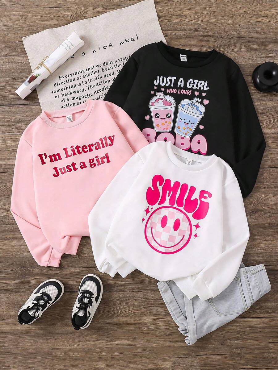 SHEIN Bộ 3 áo nỉ cổ tròn in hình đồ họa nhiều màu sắc dành cho bé gái tuổi teen. - Nhiều màu - Xem 1