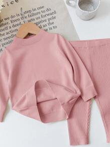 SHEIN Baby Girl Soft, Warm, Elastic All-Match Long Sleeve Sweater And Pants Set, Suitable For Daily Casual Wear, Home Or Outings
