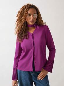 SHEIN Unity Plum Red Flare Sleeve Tie Detail Women Blouse, Autumn/Winter - Red Violet - View 1