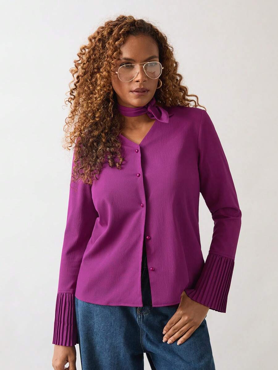 SHEIN Unity Plum Red Flare Sleeve Tie Detail Women Blouse, Autumn/Winter - Red Violet - View 1