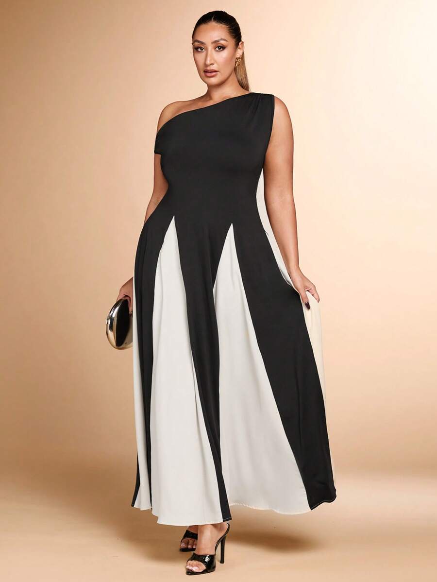 SHEIN BAE Váy chữ A không tay chéo vai thanh lịch cỡ lớn cho nữ màu đen trắng nối liền màu tương phản, phù hợp để đi làm, hẹn hò, dự tiệc - màu đen - Xem 1