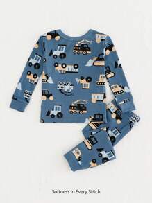 Cozy Pixies 2 件套男婴紧身睡衣，带卡通汽车印花，柔软针织长袖上衣和裤子睡衣套装