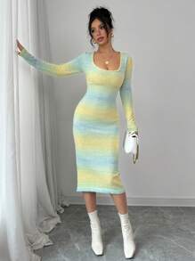 Chiquease Elegant Long Deep V-Neck Wide Collar Colorful Knit Sweater Dress Fall Cloth For Women - Blue - View 4