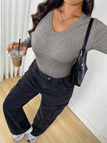 SHEIN EZwear 3pcs Plus Size Women's Fuzzy V-Neck Pullover Sweater, Fall/Winter Knitwear Collection In White, Gray And Black - Multicolor - View 5