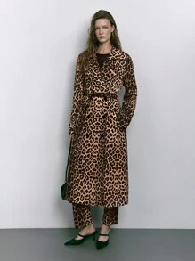 Maija Women's Autumn Loose Leopard Print Self-Tie Belt Double-Breasted Real Pockets Large Lapel Drape Long Leopard Printed Trench Coat