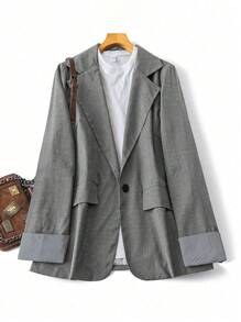 SHEIN LUNE Plus Size Women Striped Lapel Collar Long Sleeve Single Button Casual Blazer, Autumn