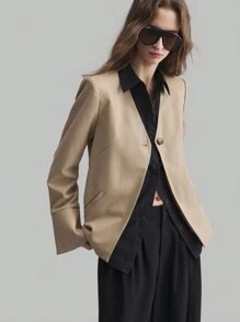 Ontre Women's Single Breasted Shawl Collar Formal Blazer, Business Casual Waist Gathered Khaki V-Neck Jacket - Apricot - View 1