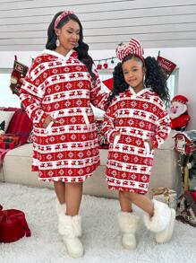 SHEIN LUNE 加大码圣诞毛绒口袋全印花连帽领长袖连衣裙，秋冬装，女士圣诞服装，女士感恩节服装，圣诞连衣裙，圣诞运动衫，冬季连衣裙，圣诞休闲派对连衣裙，圣诞家庭装，圣诞妈妈和我，加大码套头衫秋季女士连衣裙 - 彩色 - 查看 1