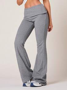 VARSIVA Cold Fall Winter Clothes Women Solid Color Fold-Over Waist Flare Leg Casual Pants - Grey - View 4